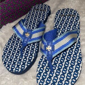 Tory Burch Blue and White Patterned Sandals